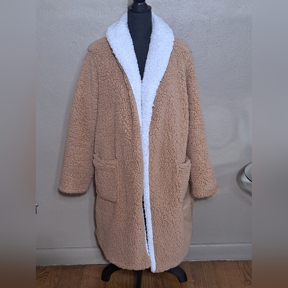 EUC SHEIN Plus Two Tone  Open Front Shawl Collar Camel Teddy with Pockets  0XL - Picture 1 of 11